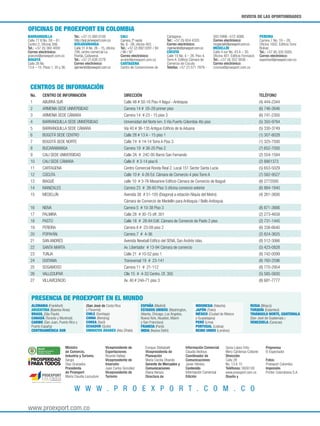 REVISTA DE LAS OPORTUNIDADES
www.proexport.com.co
BARRANQUILLA
Calle 77 B No. 59 – 61.
Centro 2. Oﬁcina 306.
Tel.: +57 (5) 360 4000
Correo electrónico:
pranzini@proexport.com.co
BOGOTÁ
Calle 28 No.
13 A – 15. Pisos 1, 35 y 36.
Tel.: +57 (1) 560 0100
http://pqr.proexport.com.co
BUCARAMANGA
Calle 31 A No. 26 - 15, oﬁcina
706, centro comercial La
Florida, Cañaveral.
Tel.: +57 (7) 638 2278
Correo electrónico:
apimiento@proexport.com.co
CALI
Carrera 2ª oeste
No. 6 - 08, oﬁcina 403.
Tel.: +57 (2) 892 0291 / 94
/ 96 / 97
Correo electrónico:
arubio@proexport.com.co
CARTAGENA
Centro de Convenciones de
Cartagena.
Tel.: +57 (5) 654 4320.
Correo electrónico:
mpimiento@proexport.com.co
CÚCUTA
Calle 10 No. 4 – 26. Piso 4.
Torre A. Ediﬁcio Cámara de
Comercio de Cúcuta.
Telefax: +57 (7) 571 7979 -
583 5998 –572 4088.
Correo electrónico:
mcgarciah@proexport.com.co
MEDELLÍN
Calle 4 sur No. 43 A – 30.
Oﬁcina 401. Ediﬁcio Formacol.
Tel.: +57 (4) 352 5656 -
Correo electrónico:
ccorrea@proexport.com.co
PEREIRA
Carrera 7 No. 19 – 28.
Oﬁcina 1602. Ediﬁcio Torre
Bolívar.
Tel.: +57 (6) 335 5005.
Correo electrónico:
esanchez@proexport.com.co
Ministro
de Comercio,
Industria y Turismo.
Sergio
Díaz-Granados
Presidenta
de Proexport
María Claudia Lacouture
Vicepresidente de
Exportaciones
Ricardo Vallejo
Vicepresidente de
Inversión
Juan Carlos González
Vicepresidente de
Turismo
Enrique Stellabatti
Vicepresidenta de
Planeación
María Cecilia Obando
Gerente de Mercadeo y
Comunicaciones
Diana Herazo
Directora de
Información Comercial
Claudia Bedoya
Coordinador de
Comunicaciones
Javier Héndez
Contenido
Información Comercial
Edición
Sonia López Ortiz
Mery Cárdenas Collante
Dirección:
Calle 28
No. 13 A 15
Teléfonos: 5600100
www.proexport.com.co
Diseño y
Preprensa
El Espectador
Fotos:
Proexport Colombia
Impresión
Printer Colombiana S.A.
OFICINAS DE PROEXPORT EN COLOMBIA
CENTROS DE INFORMACIÓN
PRESENCIA DE PROEXPORT EN EL MUNDO
ALEMANIA (Frankfurt)
ARGENTINA (Buenos Aires)
BRASIL (São Paulo)
CANADÁ (Toronto y Montreal)
CARIBE (San Juan, Puerto Rico y
Puerto España)
CENTROAMÉRICA SUR
(San José de Costa Rica
y Panamá).
CHILE (Santiago)
CHINA (Beinjing)
COREA (Seúl)
ECUADOR (Quito)
EMIRATOS ÁRABES (Abu Dhabi)
ESPAÑA (Madrid)
ESTADOS UNIDOS (Washington,
Atlanta, Chicago, Los Ángeles,
Nueva York, Houston, Miami
y San Francisco)
FRANCIA (París)
INDIA (Nueva Delhi)
INDONESIA (Yakarta)
JAPÓN (Tokio)
MÉXICO (Ciudad de México
y Guadalajara)
PERÚ (Lima)
PORTUGAL (Lisboa)
REINO UNIDO (Londres)
RUSIA (Moscú)
TURQUÍA (Estambul)
TRIÁNGULO NORTE, GUATEMALA
(San José de Guatemala )
VENEZUELA (Caracas)
Liberta y Orden
W W W . P R O E X P O R T . C O M . C O
No. CENTRO DE INFORMACIÓN DIRECCIÓN TELÉFONO
1 ABURRÁ SUR Calle 48 # 50-16 Piso 4 Itaguí - Antioquia (4) 444-2344
2 ARMENIA SEDE UNIVERSIDAD Carrera 14 # 05-29 primer piso (6) 746-2646
3 ARMENIA SEDE CÁMARA Carrera 14 # 23 - 15 piso 3 (6) 741-2300
4 BARRANQUILLA SEDE UNIVERSIDAD Universidad del Norte km. 5 Vía Puerto Colombia 4to piso (5) 350-9784
5 BARRANQUILLA SEDE CÁMARA Vía 40 # 36-135 Antiguo Ediﬁcio de la Aduana (5) 330-3749
6 BOGOTÁ SEDE CENTRO Calle 28 # 13 A - 15 piso 1 (1) 307-8028
7 BOGOTÁ SEDE NORTE Calle 74 # 14-14 Torre A Piso 3 (1) 325-7500
8 BUCARAMANGA Carrera 19 # 36-20 Piso 2 (7) 652-7000
9 CALI SEDE UNIVERSIDAD Calle 2A # 24C-95 Barrio San Fernando (2) 554-1584
10 CALI SEDE CÁMARA Calle 8 # 3-14 piso 6 (2) 8861373
11 CARTAGENA Centro Comercial Ronda Real 2. Local 151 Sector Santa Lucia (5) 653-5029
12 CÚCUTA Calle 10 # 4-26 Ed. Cámara de Comercio 4 piso Torre A (7) 582-9527
13 IBAGUÉ calle 10 # 3-76 Mesanine Ediﬁcio Cámara de Comercio de Ibagué (8) 2772000
14 MANIZALES Carrera 23 # 26-60 Piso 3 oﬁcina comercio exterior (6) 884-1840
15 MEDELLÍN Avenida 38 # 51-105 (Diagonal a estación Niquía del Metro) (4) 261-3600
Cámara de Comercio de Medellín para Antioquia / Bello Antioquia
16 NEIVA Carrera 5 # 10-38 Piso 3 (8) 871-3666
17 PALMIRA Calle 28 # 30-15 off. 301 (2) 273-4658
18 PASTO Calle 18 # 28-84 Edif. Cámara de Comercio de Pasto 2 piso (2) 731-1445
19 PEREIRA Carrera 8 # 23-09 piso 2 (6) 338-6640
20 POPAYÁN Carrera 7 # 4-36 (2) 824-3625
21 SAN ANDRÉS Avenida Newball Ediﬁco del SENA, San Andrés islas. (8) 512-3066
22 SANTA MARTA Av. Libertador # 13-94 Cámara de comercio (5) 423-0828
23 TUNJA Calle 21 # 10-52 piso 1 (8) 742-0099
24 DUITAMA Transversal 19 # 23-141 (8) 760-2596
25 SOGAMOSO Carrera 11 # 21-112 (8) 770-2954
26 VALLEDUPAR Clle 15 # 4-33 Centro. Of. 305 (5) 585-5600
27 VILLAVICENCIO Av. 40 # 24A-71 piso 3 (8) 681-7777
 