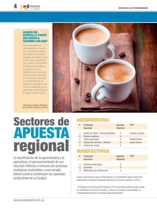 REVISTA DE LAS OPORTUNIDADES4
www.proexport.com.co
Sectores de
APUESTA
regionalLa tecniﬁcación de la agroindustria y la
agricultura, el aprovechamiento de sus
recursos hídricos y mineros con procesos
ecológicos sostenibles y una variada
oferta turística constituyen las apuestas
productivas de La Guajira.
AGROINDUSTRIA
MANUFACTURAS
1 Aceite de Palma - Biocombustibles
2 Banano orgánico
3 Cafés especiales
4 Cadena de cárnicos - bovinos
5 Cadena de ovinos
1 Industria siderúrgica
2 Cemento
3 Materiales de construcción
Productos
Apuestas
Productos
Apuestas
Apuesta
Regional
Apuesta
Regional
PTP*
PTP*
X
X
Aceites y grasas
Hortofrutícola
Carne bovina
X
X
X
X
X
#
#
Fuentes: Agenda Interna para la Productividad y la Competitividad. Agenda Interna del
Departamento: Comisiones Regionales, Ministerio de Comercio, Industria y Turismo.
* El Programa de Transformación Productiva, PTP, es una alianza público-privada, creada
por el Ministerio de Comercio, Industria y Turismo, que fomenta la productividad y la
competitividad de sectores con elevado potencial exportador.
X
Son destacables las
oportunidades de negocio
que representa el bloque
de la Alianza del Pacíﬁco
integrado por México, Perú
y Chile para el desarrollo
del comercio y la inversión.
Se espera que la Alianza
se convierta en una
plataforma de integración
económica que impulsará
el crecimiento, desarrollo
y competitividad de los
países que la integran, así
como la ampliación de sus
relaciones económicas con
la región de Asia Pacíﬁco.
ALIANZA DEL
PACÍFICO, EL PUENTE
QUE ACERCA A
COLOMBIA CON ASIA*
*ABC Alianza Pacíﬁco. Ministerio
de Comercio, Industria y Turismo.
 