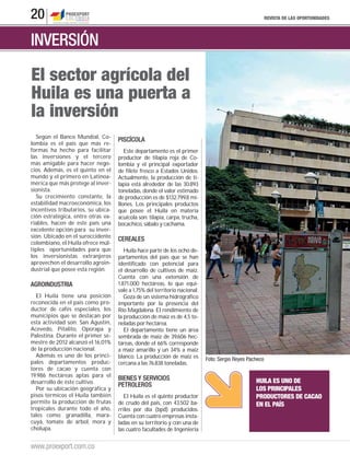 20                                                                                                       REVISTA DE LAS OPORTUNIDADES




INVERSIÓN

El sector agrícola del
Huila es una puerta a
la inversión
  Según el Banco Mundial, Co-
                                    PISCÍCOLA
lombia es el país que más re-
formas ha hecho para facilitar         Este departamento es el primer
las inversiones y el tercero        productor de tilapia roja de Co-
más amigable para hacer nego-       lombia y el principal exportador
cios. Además, es el quinto en el    de filete fresco a Estados Unidos.
mundo y el primero en Latinoa-      Actualmente, la producción de ti-
mérica que más protege al inver-    lapia está alrededor de las 30.893
sionista.                           toneladas, donde el valor estimado
  Su crecimiento constante, la      de producción es de $132.799,8 mi-
estabilidad macroeconómica, los     llones. Los principales productos
incentivos tributarios, su ubica-   que posee el Huila en materia
ción estratégica, entre otras va-   acuícola son: tilapia, carpa, trucha,
riables, hacen de este país una     bocachico, sábalo y cachama.
excelente opción para su inver-
sión. Ubicado en el suroccidente
                                    CEREALES
colombiano, el Huila ofrece múl-
tiples oportunidades para que          Huila hace parte de los ocho de-
los inversionistas extranjeros      partamentos del país que se han
aprovechen el desarrollo agroin-    identificado con potencial para
dustrial que posee esta región.     el desarrollo de cultivos de maíz.
                                    Cuenta con una extensión de
AGROINDUSTRIA                       1.871.000 hectáreas, lo que equi-
                                    vale a 1,75% del territorio nacional.
  El Huila tiene una posición          Goza de un sistema hidrográfico
reconocida en el país como pro-     importante por la presencia del
ductor de cafés especiales, los     Río Magdalena. El rendimiento de
municipios que se destacan por      la producción de maíz es de 4,5 to-
esta actividad son: San Agustín,    neladas por hectárea.
Acevedo, Pitalito, Oporapa y           El departamento tiene un área
Palestina. Durante el primer se-    sembrada de maíz de 39.606 hec-
mestre de 2012 alcanzó el 16,01%    táreas, donde el 66% corresponde
de la producción nacional.          a maíz amarillo y un 34% a maíz
  Además es uno de los princi-      blanco. La producción de maíz es        Foto: Sergio Reyes Pacheco
pales departamentos produc-         cercana a las 76.838 toneladas.
tores de cacao y cuenta con
19.986 hectáreas aptas para el
                                    BIENES Y SERVICIOS                                            HUILA ES UNO DE
desarrollo de éste cultivo.
                                    PETROLEROS
  Por su ubicación geográfica y                                                                   LOS PRINCIPALES
pisos térmicos el Huila también       El Huila es el quinto productor                             PRODUCTORES DE CACAO
permite la producción de frutas     de crudo del país, con 43.502 ba-                             EN EL PAÍS
tropicales durante todo el año,     rriles por día (bpd) producidos.
tales como: granadilla, mara-       Cuenta con cuatro empresas insta-
cuyá, tomate de árbol, mora y       ladas en su territorio y con una de
cholupa.                            las cuatro facultades de Ingeniería


www.proexport.com.co
 