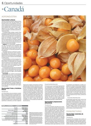 6 Oportunidades

•Canadá
AGROINDUSTRIA
Oportunidad: uchuvas
Para las uchuvas se requieren sabores dulces,
por encima de 15° Brix, que sean limpias y sin
manchas, pues son muy exigentes con la apa-
riencia. Se buscan productos que tengan muy
buena calidad, precio y presentación. Prefie-
ren un capacho color crema (no muy ácida), a
diferencia de las amarillas o verdes. Usual-
mente se requieren cantidades pequeñas du-
rante todo el año.
   El empaque debe contener a granel 1,8 kg.
Les gusta en canastilla de 100 g con hoja inclui-
da, pelada de 250 g o 227 g por canasta, empa-
cada en una caja máster de 12 o 16 canasticas,
las dos son aceptadas. A los compradores les
gusta ver a la uchuva “peinada” en la caja
(troncos organizados en un sentido). Debido a
que uno de los factores más relevantes es el
precio, el cambio de proveedores es altamen-
te influenciado por esta variable.
   Orgánico: los consumidores canadienses
son muy conscientes de los alimentos que
consumen, por ello buscan productos que
traigan beneficios para la salud como vitami-
nas y nutrientes. Un valor adicional pueden ser
los orgánicos.
   Una página web que contenga los produc-
tos ofrecidos, ficha técnica de los mismos y
disponibilidad, fotos de productos y cultivos,
beneficios de los productos (los canadienses
están en busca de un estilo de vida saludable)
y certificaciones.
   Es recomendable ir a la Feria Canadian Pro-
duce Market Association para las frutas y ver-
duras frescas. Es importante que la empresa
vaya por primera vez como observador y des-
pués, cuando asista como expositor, lo haga
por lo menos cinco veces seguidas. Mayor in-
formación en www.cpma.ca
   Es importante que exista personal bilingüe
en la compañía responsable por las comunica-
ciones con los compradores. Para todo debe
haber una versión en inglés y, de ser posible,
otra en francés.
   Puntualidad: una continua comunicación
sobre el avance de la orden. La puntualidad es
de vital importancia y aplica para entregas,
muestras, correos electrónicos, llamadas, reu-
niones y cualquier tipo de comunicación.
10-15% es el margen de ganancia promedio
para los importadores/distribuidores, 35% pa-
ra los supermercados. Se hacen pedidos du-
rante todo el año y el importador suele hacer-
los con dos días de anticipación para organi-            tienen gran acogida y las favoritas son fresas,                                  Canal de distribución                               los arándanos, las frambuesas y frutillas con-
zar los pedidos.                                         plátanos, kiwis, naranjas y manzanas. En cuan-                                   Es necesario que el exportador haga parte de        geladas, las verduras frescas preempaqueta-
                                                         to a las hortalizas, las principales presentacio-                                una cooperativa y en lo posible sea directa-        das, las ensaladas empaquetadas refrigera-
Oportunidad: frutas y hortalizas                         nes son minizanahorias peladas, zanahorias,                                      mente el productor, de esa forma podrá llegar       das ,incluyendo verduras frescasm de hoja an-
frescas                                                  corazones de lechuga romana, brócoli y la                                        al intermediario, que es el encargado de tocar-     cha con valor agregado. El consumo de este ti-
                                                         mezcla de hortalizas frescas. También tienen                                     las puertas del importador o agente. Una vez        po de productos ha aumentado gracias a pro-
Te ndencia                                               espacio el mango, la guayaba y la piña. Llama                                    se ha completado esta tarea, llegará hasta el       gramas como “5 a 10 al día”, que crean con-
Los consumidores buscan productos saluda-                la atención la presentación del producto en                                      mayorista o usuario industrial, que le abrirá las   ciencia entre los compradores sobre los bene-
bles. Es importante tener en cuenta que la po-           porciones individuales, fáciles de llevar o pre-                                 puertas del sector de servicios de alimentos e      ficios asociados de incluir frutas y verduras en
blación canadiense está envejeciendo, ha au-             parar. Se estima que tres de cada cuatro pro-                                    institucional, donde están los hoteles, por         su dieta.
mentado sus niveles de ingreso y ha vivido un            ductos frescos vendidos son importados; sin                                      ejemplo. También es posible llegar en estas
cambio demográfico al recibir a inmigrantes              embargo, en otoño y verano hay una gran                                          instancias a las cadenas de supermercados,            Canal de distribución
de países de África, Asia y Latinoamérica que            competencia con los productos locales debi-                                      tiendas especializadas e independientes.            El exportador tendrá que contar, como en las
aumentan la demanda. Las frutas orgánicas                da a los precios.                                                                                                                    otras oportunidades comerciales, con un in-
                                                                                                                                          Oportunidad: preparaciones                          termediario. Éste empezará a construir la ca-
                                                                                                                                          alimenticias                                        dena en la que aparecerán los agentes impor-
                                                                                                                                                                                              tadores, los mayoristas o usuarios industria-
                                                                                                                                          Te n d e n c i a                                    les, hasta llegar al sector de servicios de ali-
PERFIL ECONÓMICO Y COMERCIAL
                                                                                                                                          Los núcleos familiares pequeños han incenti-        mentos y al institucional, a las cadenas de su-
                                 PIB 2010           1.329,90 billones                                                                     vado la compra de porciones individuales de         permercados y a las tiendas de nicho.
                                  PIB 2011            1.384,0 billones                                                                    alimentos, que además deben ser naturales y
                PIB per cápita (USD) 2011                   40.260,00                                                                     ofrecer beneficios para la salud. Existe una
                                Población1
             Crecimiento poblacional (%)1
                                                         34,4 millones
                                                                   3,0%   Fuente: (PIB, PIB per cápita, población, Crec poblacional,
                                                                                                                                          mayor preferencia por productos previamen-          MANUFACTURAS
                                                                          tasa de cambio, Exportaciones/Importaciones totales país):      te preparados, porque ahorran tiempo y son
                          Tasa de cambio                          1.022   CIA Factbook 2009 en: www.cia.gov y The Economist
                                                                          Intelligence Unit (Exportaciones/Importaciones de Colom-        fáciles de consumir. Hay gran aceptación por        Oportunidad: materiales de
          Exportaciones totales país (US$)          392,978 billones      bia hacia países): DANE, cálculos Proexport (importaciones
                                                                          América Latina y el Caribe): Trade Map en: www.trade-           productos tipo ‘gourmet’, lo que genera opor-       construcción
      Importaciones totales del país (US$)              401,71 billones   map.org
                                                                                                                                          tunidades para alimentos orgánicos que sean
        Exportaciones de Colombia (US$)                    532.126.091
                                                                          Nota: 1 Población/Crecimiento poblacional: cifras estima-
                                                                          das para julio de 2010. 2 Importaciones América Latina y
                                                                                                                                          prácticos y de fácil asimilación. La variedad       Ten d en c ia
                                                                          el Caribe: Unidad: (dólar, miles). 3 Tasa de cambio: el dólar
        Importaciones de Colombia (US$)                   752.322.535     estadounidense es la moneda de curso legal. 4 Antillas          cultural abre paso a productos exóticos y étni-     El cemento fue el producto más lucrativo en
                                                                          Holandesas: la información se encuentra para años distin-
 Importaciones América Latina y el Caribe2           33,992 millones      tos. 5 PIB: la información reportada corresponde al año         cos. Mientras que el consumo de frutas proce-       2009, seguido por el ladrillo, la arena, la gravi-
                                                                          2004. 6 N/D: la Información no se encuentra disponible. 7
                                      Brasil                      63,1%   PIB per cápita: la información reportada corresponde al         sadas ha aumentado, el de hortalizas procesa-       lla y los agregados. Existen grandes oportuni-
                                                                          año 2004. 8 Exportaciones/Importaciones totales país: la
                                   México                        10,4%    información reportada corresponde al año 2006. 9 Impor-         das se ha mantenido estable. Las conservas          dades en arcilla, mármol y otros productos de
                                                                          taciones América Latina y el Caribe: la información repor-
                                Argentina                          9,4%   tada corresponde al año 2008.                                   colombianas tienen gran potencial, así como         piedras naturales, productos metálicos ferro-
 