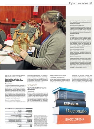 Oportunidades 5
                                                                                                                                                                                                                  Oportunidades 37

                                                                                                                                                                                                                             alimenticia, entre otros. En términos de regu-
                                                                                                                                                                                                                             lación, deben tenerse en cuenta las normas de
                                                                                                                                                                                                                             la Consumer Product Safety Commission y la
                                                                                                                                                                                                                             FDA, en materia de envases, empaques y eti-
                                                                                                                                                                                                                             quetados.
                                                                                                                                                                                                                                Una alternativa interesante es posicionarse
                                                                                                                                                                                                                             como proveedores flexibles en cuanto a canti-
                                                                                                                                                                                                                             dades requeridas y ubicación geográfica pri-
                                                                                                                                                                                                                         generales del producto,que permiten el desarrollo
                                                                                                                                                                                                                             vilegiada, aspectos como precio, composi-
                                                                                                                                                                                                                             de proyectos especiales.
                                                                                                                                                                                                                         ción, calidad, información sobre posibles ries-
                                                                                                                                                                                                                         gos Canal de distribución
                                                                                                                                                                                                                             de uso y su origen.
                                                                                                                                                                                                                         Proveedores de Brasilque estén destina-
                                                                                                                                                                                                                            Los envases y empaques
                                                                                                                                                                                                                         Los cuatro proveedores para un proceso dentro de
                                                                                                                                                                                                                              dos como insumos principales de Brasil son
                                                                                                                                                                                                                              una cadena de producción, se caracterizan
                                                                                                                                                                                                                         China con el 49,5%, Italia con el 13,4%, Francia con
                                                                                                                                                                                                                              por ser comercializados por empresas espe-
                                                                                                                                                                                                                         el 12% y Alemania con el 9,7%. China es el principal
                                                                                                                                                                                                                         proveedor paraen el tema,de pequeña marroqui-
                                                                                                                                                                                                                              cializadas productos con una cobertura geo-
                                                                                                                                                                                                                         nería y desde hace variosEn la mayoría departici-
                                                                                                                                                                                                                              gráfica importante. años ha ganado los casos
                                                                                                                                                                                                                         pación en distribuidores importan directamente el
                                                                                                                                                                                                                              estos el mercado.
                                                                                                                                                                                                                              producto. Por su parte, los envases y empa-
                                                                                                                                                                                                                         P reci o para el comercio minorista son distribui-
                                                                                                                                                                                                                              ques
                                                                                                                                                                                                                         La competencia directa en el mercadode produc-
                                                                                                                                                                                                                              dos por empresas con varias líneas brasile-
                                                                                                                                                                                                                         ño paraque pueden o no importar directamente y
                                                                                                                                                                                                                              tos Colombia es Italia, proveedor de pro-
                                                                                                                                                                                                                         ductos de alta calidad trabajan en zonas geográ-
                                                                                                                                                                                                                              que generalmente y diseño. Sin embargo,
                                                                                                                                                                                                                              ficas más reducidas.
                                                                                                                                                                                                                         existen oportunidades para ofrecer productos
                                                                                                                                                                                                                         de calidad, diseño y, lo más importante, con un
                                                                                                                                                                                                                             SERVICIOS
                                                                                                                                                                                                                         valor agregado. El valor de las billeteras de
                                                                                                                                                                                                                         hombre está entre US$21,6 y US$50,8; billetera
                                                                                                                                                                                                                         de mujer entre US$15,2 y US$76,1, y maletín por-
                                                                                                                                                                                                                         tátilOportunidad: servicios de salud
                                                                                                                                                                                                                              entre US$139,6 y US$190,4.
                                                                                                                                                                                                                         Serviciosn c i a
                                                                                                                                                                                                                           Ten d e de posventa
                                                                                                                                                                                          El mercado brasileñolos consumidores extranjeros
                                                                                                                                                                                               En la actualidad, exige que los proveedores
                                                                                                                                                                                          utilicenservicios médicos nacionales son en su ma-
                                                                                                                                                                                               de políticas de devolución, reposición y
                                                                                                                                                                                          garantíaslos ciudadanos colombianos residentes en
                                                                                                                                                                                               yoría especialmente con los productos pa-
                                                                                                                                                                                          ra este segmento. En segunda instancia, latinos o
                                                                                                                                                                                               Estados Unidos.
                                                                                                                                                                                               hispanoparlantes que tienen relación con Co-
                                                                                                                                       Canal de distribución
AGROINDUSTRIA                                                      nería, molinería y panadería, pues pueden ser
                                                                   fácilmente aceptados por otras etnias e inclu-
                                                                                                                                                                                          Entregas y pagos
                                                                                                                                                                                               lombia (sea por familiaridad o por simpatía).
                                                                                                                                       Los colombianos deben identificar distribui- Hay dos temporadas de compra al año: diciem-Ri-
                                                                                                                                                                                                  Competimos con países vecinos (Costa
                                                                   so por los americanos.                                              dores aliados en las distintas zonas que se bre y enero para y México,junio para el invierno.
                                                                                                                                                                                               ca, Panamá verano, y entre otros) en la gran
Oportunidad: snacks con                                                                                                                comprometan con el crecimiento en ventas Usualmente,de los procedimientos,colecciones
                                                                                                                                                                                               mayoría el mercado prepara pero los gran-
sabores picantes                                                   Canal de distribución                                               del producto. El canal ideal son los distribuido- con des jugadores siguen siendo India y Tailandia.
                                                                                                                                                                                               un año de anticipación. La práctica de pago
                                                                   El exportador puede llegar directamente al                          res con experiencia, un inventario y un porta- es sobrehora de tomar la decisión, los consumido-
                                                                                                                                                                                               A la 2 a 4 plazos, mediante cheques, trans-
Tende ncia                                                         distribuidor, a los canales institucionales com-                    folio importante de clientes. La mayoría de los ferencias bancarias, remesamedidasdocumen-
                                                                                                                                                                                               res tienen en cuenta las simple o relacionadas
Con el incremento de la población hispana en                       puestos por hoteles y restaurantes, a algunos                       revestimientos colombianos se están ven- taria, lasla seguridad del paciente, tasas de infec-
                                                                                                                                                                                               con cartas de crédito son aceptadas, sin
los EE.UU. y por su estilo de vida y hábitos de                    importadores que también se mueven con                              diendo en zonas costeras (Costa Este y Sur), embargo, el coste del aprox. 8% S/CIF.
                                                                                                                                                                                               ción y acreditaciones internacionales de los
consumo cada vez más parecidos a los del                           distribuidores menores y con supermercados                          debido no sólo a la mayor concentración de la-          hospitales. Colombia ofrece servicios de re-
americano, sin dejar atrás sus raíces, el inmi-                    que pueden lograr ventas al por mayor. Todos                        tinos, sino también a la facilidad y costo en tér-      producción, oncología, oftalmología, cirugía
grante mexicano sigue siendo un nicho intere-                      conducen al comprador o consumidor final.                           minos logísticos.                                       plástica y reconstructiva, estudios y procedi-
sante.                                                                                                                                    No obstante lo anterior, existen oportunida-         mientos con células madres, cardiología, ciru-
   En los estados del noroeste del país, donde                                                                                         des para nuestros productos en zonas como el            gía bariátrica (obesidad), tratamientos denta-
esta colonia tiene una gran concentración, se                      MANUFACTURAS                                                        Midwest, siempre y cuando estructuremos de              les y chequeos médicos ejecutivos.
han identificado oportunidades para snacks
 pales son: C&C Casa e Construção, Telhanorte,                      importadoras/distribuidoras, que poseen re-                        manera adecuadacursos por internet.
                                                                                                                                       también acuden a el factor de transporte in-            portadoras, con las cuales es posible hacer
(papitas, platanitos y otros) en Merlin. nove-
 DiCico, Center Castilho y Leroy sabores                           Oportunidad:distribución y venden inter-
                                                                   des nacionales de materiales de                                     terno e identifiquemos importadores/ distri-            Canal de distribución en fascículos
                                                                                                                                                                                               acuerdos para ofrecer los cursos
dosos, especialmente en aquellos que puedan                        construcción (revestimientos)
                                                                   namente a hospitales, clínicas, grandes redes                       Canales de distribución
                                                                                                                                       buidores que sirvan de aliados para la apertura         Para procedimientos de puede complejidad
                                                                                                                                                                                               y a través de las cuales se baja participar en
 Oportunidad: artículos de
incluir salsas picantes. El consumidor está                         de farmacias y redes de material hospitalario.                     de estas zonas. de librerías, que son importa-
                                                                                                                                       Grandes redes                                           (tratamientos dentales, oftalmológicos o ciru-
                                                                                                                                                                                               concursos públicos, promovidos por el Minis-
 dotación – línea hospitalaria
buscando productos asados y con bajo conte-                        Ten degrande del sector es la Distribuidora
                                                                   La más n c i a                                                      doras y tienen presencia a nivel nacional (Sa-          gías plásticas), la decisión se toma por reco-
                                                                                                                                                                                               terio de la Educación, para el abastecimiento
 desechable
nido de grasas trans. Los empaques son pe-                         Los materiales de construcción deben cumplir
                                                                    Orozimbo, que opera en todo el país.                               Oportunidad: envases y que son im- mendaciones o publicidad. En el1º y 2º de ope-
                                                                                                                                       raiva, Cultura); grandes editoras,                      de escuelas públicas (cursos de caso grado).
queños (1 oz) y vienen en bolsas de 12 y 24 uni-                   con los códigos de construcción pertinentes a                       empaques                                                raciones complejas o costosas hay empresas
dades. e n c i a tiene unas 6 u 8 bolsas, lo
 Te nd Cada caja                                                   la zona en la que se desee comercializarlos,                                                                                dedicadas a intermediar entre los consumido-
equivalente a gubernamentales privilegian el
 Las políticas 104 paquetes. El producto nue-                       SERVICIOS
                                                                   que dependen, entre otros factores, del me-                         Te n d e n c i a                                        res y los proveedores de servicios de salud,
vo que se busca estáen los hospitales,una pe-
 uso de desechables acompañado de clínicas                         dioambiente (en el sur del país se necesitan                        Para ofrecer el producto, el exportador debe te-        que prestan un servicio integral, desde la faci-
queña bolsita (igual a la deoportunidad para
 y redes de farmacias. Hay salsa de tomate)                         Oportunidad: editorial (cursos
                                                                   materiales resistentes a huracanes, mientras                        ner en cuenta la mayor preocupación de los con-         litación de consultas preoperatorias y la logís-
con picantes.
 guantes de látex, jeringas, tapabocas y agujas,                    de español)
                                                                   que en el norte se requieren productos capa-                        sumidores sobre la salud y el estilo de vida ‘on        tica de viaje para el paciente y su familia. Estos
   El producto debe tener un costo al consumi-
 elaborados con materiales de calidad. Aunque                      ces de soportar cambios extremos de tempe-                          the go’ que se impone en Estados Unidos con             facilitadores hacen publicidad en línea y parti-
dor de más o menos US$1,75. Los márgenes de
 hay producción nacional, no alcanza a suplir                       Tende n c i a
                                                                   ratura y humedad). Los exportadores deben                           tendencia a consumir alimentos rápidamente.             cipan en redes sociales para divulgar testimo-
estos productos del mercado, haciendo nece-
 las necesidades son estrechos, pero con algo                      considerar también la obligatoria la enseñanza
                                                                    El Gobierno fijó como preferencia por produc-                         La reducción en el tamaño promedio de las            niales.
de valor agregado se puede identificar algu-
 saria la importación de estos productos. Toda                     tosespañol en los cursos de primaria (básica) y
                                                                    de verdes, certificados      comercio justo, el                    familias ha generado la necesidad de empa-                 También hay compañías de beneficios de
nas diferencias que les permitan desecha-
 la línea de productos hospitalarios ser más                       mercado en las escuelas públicas nichos de lu-
                                                                    2º grado étnico y la existencia de y privadas, a                   ques pequeños o porciones individuales. Se              salud que son intermediarios que cuentan con
atractivos.tener registro en la Anvisa (Agencia
 bles debe                                                         jo. En términosaño. Ademásamplitudla pobla-
                                                                    partir de este generales la de esto, del mer-                      han identificado necesidades de productos               redes de proveedores de servicios con acuer-
 Nacional de Vigilancia Sanitaria).                                cadoes consciente de la necesidad de aprender
                                                                    ción estadounidense ofrece diversidad de es-                       como empaques y películas de polietileno y              dos y presentan alternativas o productos de
Canal de distribución                                              pacios y tendencias en las que se pueden con-
                                                                    otro idioma. Prefiere el español al inglés, pues                   PVC (para envolver, hornear y aislar alimen-            programas de salud a las empresas autoase-
Se maneja de distribución
Canales con distribuidores que llegan a                            centrar los exportadores.
                                                                    cree que se puede aprender más fácilmente.                         tos), vasos, envases plásticos para la industria        guradas.
grandes superficies y ade distribución son las
Los principales canales almacenes indepen-                          Para aprender otros idiomas, los brasileños
dientes. Los costos de distribución pueden lle-                                                                                                                                                                              Oportunidad: BPO/IT
gar a un 25% y el costo que maneja el punto de
venta puede ser un 75% adicional para llegar a                                                                                                                                                                               Ten d en c ia
una distribución por US$1,75.                                                                                                                                                                                                Cada vez se fortalecen más las ofertas de servi-
PERFIL ECONÓMICO Y COMERCIAL PERFIL ECONÓMICO Y COMERCIAL                                                                                                                                                                    cios en paquete, forzando a los departamentos
Oportunidad: harinería,                                                                                                                                                                                                      de IT y de recursos humanos a trabajar con el
molinería y panadería 2010
                    PIB    2.179,00 billones PIB 2010   14.526,6 billones                                                                                                                                                    mismo proveedor. Por eso, los CIO deben hacer
                                   PIB 2011         2.284,00 billones                                PIB 2011                        14.994 billones                                                                         más eficientes sus métodos de negociación pa-
Tende ncia            PIB per cápita (US$)                 12.650,00 PIB per cápita (US$) 2011                                                47.870                                                                         ra maximizar los resultados de sus compañías.
Los productos preferidos son blación1 listos 192,80 millones
                                 Po aquellos                                               Población 2011                              313,2 millones                                                                        El costo (ahorro) se empieza a convertir en un
                                                                          Fuente: (PIB, PIB per cápita, población,
para cocinar Crecimiento cook’) o listos1 para co-
               (‘ready to poblacional (%)                         1,1%Crecimiento Poblacional (%)1 Crec poblacional,
                                                                          tasa de cambio, Exportaciones/Importaciones totales                      1%    Fuente: (PIB, PIB per cápita, población, Crec poblacional,
                                                                                                                                                         tasa de cambio, exportaciones/importaciones totales país):          factor secundario cuando se trata de contrata-
                                                                          país): CIA Factbook 2009 en: www.cia.gov The Economist                         CIA Factbook 2009 en: www.cia.gov y The Economist
mer (‘ready to eat’) de alta calidad, fácil prepa- National currency
                           Tasa de cambio       1,7                                      Tasa de cambio
                                                                          Intelligence Unit (Exportaciones/Imortaciones de Colombia                  1   Intelligence Unit (exportaciones/importaciones de Colombia          ción de servicios, pero la oferta debe tener
                                                                          hacia países): DANE, Cálculos Proexport (Importaciones
raciónExportaciones totales del país (US$) cuanto 201,90 billones
        y que se adapten a sus gustos en                          ExportacionesLatina y el Caribe): Trade Map en: www.trade-
                                                                          América
                                                                                     totales país (US$)                               1288,7 billones    hacia países): DANE, Cálculos Proexport (importaciones
                                                                                                                                                         América Latina y el Caribe): Trade Map en: www.trade-               componentes de valor agregado.
       Importaciones totales del país (US$)                   Importacionesp.o1 Población/Crecimiento poblacional: cifras estima- 1934,6 billones
al tamaño de las porciones, la practicidad y los 181,70 billones          ma totales del país (US$)
                                                                          Nota:
                                                                                  rg                                                                     map.org
                                                                                                                                                         Nota: 1 Población/Crecimiento poblacional: Cifras estimadas            El mercado de las medianas empresas es
sabores.Exportaciones de Colombia (US$)                1.040.262.882
                                                                 Exportaciones Unidad: (dólar, miles). 3 Tasa de Cambio: el dólar
                                                                          das para julioColombia (US$) América Latina y
                                                                          Caribe:
                                                                                    de de 2010. 2 Importaciones                      16.917’946.299      para julio de 2010. 2 Importaciones América Latina y el
                                                                                                                                                         Caribe: Unidad: (dólar, miles). 3 Tasa de cambio: el dólar          una excelente oportunidad para los provee-
          Importaciones de Colombia (US$)
   Adicionalmente, en algunos restaurantes se          2.247.866.030
                                                                 Importaciones de Colombia (US$) legal. 4 Antillas
                                                                          estadounidense es la moneda de curso                         9.982’748.273     estadounidense es la moneda de curso legal. 4 Antillas
                                                                                                                                                                                                                             dores de servicios de BPO/IT, pues no han ex-
                                                                          Holandesas: la información se encuentra para años distin-                      Holandesas: la información se encuentra para años distintos.
                                                                          tos. 5 PIB: la Latina y Caribe2
encuentra la América Latina y el Caribe2
 Importaciones opción de comprar alimentos 30.479 millonesImportaciones América información reportada corresponde al año
                                                                          2004. 6 N/D: la Información no se encuentra disponible. 7
                                                                                                                                                         5 PIB: la información reportada corresponde al año 2004. 6
                                                                                                                                                         N/D: la Información no se encuentra disponible. 7 PIB per
                                                                                                                                                                                                                             plorado completamente esta alternativa,
congelados para prepararlos rgencasa. Existe
                                 A en tina                      47,3%                                  México
                                                                          PIB per cápita: la información reportada corresponde al                6,2%    cápita: la información reportada corresponde al año 2004. 8         mientras que las grandes compañías son rela-
                                                                          año 2004. 8 Exportaciones/Importaciones totales país: la                       Exportaciones/Importaciones. Totales país: la información
                                       Chile
una buena posibilidad de hacer una pronta di-                   13,5%     información reportada Venezueal año 2006. 9 Impor-
                                                                                                  corresponde la                                  10%    reportada corresponde al año 2006. 9 Importaciones Amé-             tivamente maduras en términos de terceriza-
                                                                          taciones América Latina y el Caribe: la información repor-                     rica Latina y el Caribe: la información reportada corresponde
                                    México
versificación de la oferta exportable en hari-                  12,5%     tada corresponde al año 2008. rasil
                                                                                                          B                                      7,5%    al año 2008.                                                        ción.
 