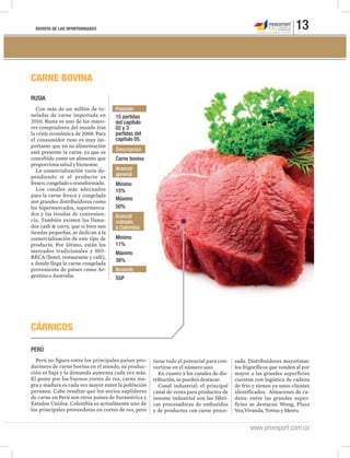 REVISTA DE LAS OPORTUNIDADES 13
www.proexport.com.co
CARNE BOVINA
RUSIA
Con más de un millón de to-
neladas de carne importada en
2010, Rusia es uno de los mayo-
res compradores del mundo tras
la crisis económica de 2008. Para
el consumidor ruso es muy im-
portante que en su alimentación
esté presente la carne, ya que es
concebido como un alimento que
proporciona salud y bienestar.
La comercialización varía de-
pendiendo si el producto es
fresco,congeladootransformado.
Los canales más adecuados
para la carne fresca y congelada
son grandes distribuidores como
los hipermercados, supermerca-
dos y las tiendas de convenien-
cia. También existen los llama-
dos cash & carry, que si bien son
tiendas pequeñas, se dedican a la
comercialización de este tipo de
producto. Por último, están los
mercados tradicionales y HO-
RECA (hotel, restaurante y café),
a donde llega la carne congelada
proveniente de países como Ar-
gentina o Australia.
Posición
Descripción
15 partidas
del capítulo
02 y 3
partidas del
capítulo 05.
Carne bovina
Acuerdo
Arancel
general
Arancel
cobrado
a Colombia
SGP
Mínimo
Mínimo
Máximo
Máximo
15%
11%
50%
38%
CÁRNICOS
PERÚ
Perú no figura entre los principales países pro-
ductores de carne bovina en el mundo, su produc-
ción es baja y la demanda aumenta cada vez más.
El gusto por los buenos cortes de res, carne ma-
gra y madura es cada vez mayor entre la población
peruana. Cabe resaltar que los socios suplidores
de carne en Perú son otros países de Suramérica y
Estados Unidos. Colombia es actualmente uno de
los principales proveedores en cortes de res, pero
tiene todo el potencial para con-
vertirse en el número uno.
En cuanto a los canales de dis-
tribución, se pueden destacar:
Canal industrial: el principal
canal de venta para productos de
insumo industrial son las fábri-
cas procesadoras de embutidos
y de productos con carne proce-
sada. Distribuidores mayoristas:
los frigoríficos que venden al por
mayor a las grandes superficies
cuentan con logística de cadena
de frío y tienen ya unos clientes
identificados. Almacenes de ca-
dena: entre las grandes super-
ficies se destacan Wong, Plaza
Vea,Vivanda, Tottus y Metro.
 