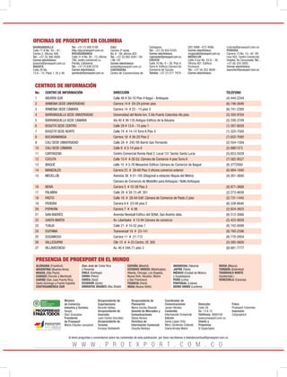 BARRANQUILLA
Calle 77 B No. 59 – 61.
Centro 2. Oficina 306.
Tel.: +57 (5) 360 4000
Correo electrónico:
pranzini@proexport.com.co
BOGOTÁ
Calle 28 No.
13 A – 15. Pisos 1, 35 y 36.
Tel.: +57 (1) 560 0100
http://pqr.proexport.com.co
BUCARAMANGA
Calle 31 A No. 26 - 15, oficina
706, centro comercial La
Florida, Cañaveral.
Tel.: +57 (7) 638 2278
Correo electrónico:
apimiento@proexport.com.co
CALI
Carrera 2ª oeste
No. 6 - 08, oficina 403.
Tel.: +57 (2) 892 0291 / 94
/ 96 / 97
Correo electrónico:
arubio@proexport.com.co
CARTAGENA
Centro de Convenciones de
Cartagena.
Tel.: +57 (5) 654 4320.
Correo electrónico:
mpimiento@proexport.com.co
CÚCUTA
Calle 10 No. 4 – 26. Piso 4.
Torre A. Edificio Cámara de
Comercio de Cúcuta.
Telefax: +57 (7) 571 7979 -
583 5998 –572 4088.
Correo electrónico:
mcgarciah@proexport.com.co
MEDELLÍN
Calle 4 sur No. 43 A – 30.
Oficina 401. Edificio
Formacol.
Tel.: +57 (4) 352 5656 -
Correo electrónico:
ccorrea@proexport.com.co
PEREIRA
Carrera 13 No. 13– 40 Ofi-
cina 402. Centro Comercial
Uniplex. Av Circunvalar Tel.:
+57 (6) 335 5005.
Correo electrónico:
esanchez@proexport.com.co
Ministro
de Comercio,
Industria y Turismo.
Sergio
Díaz-Granados
Presidenta
de Proexport
María Claudia Lacouture
Vicepresidente de
Exportaciones
Ricardo Vallejo
Vicepresidente de
Inversión
Juan Carlos González
Vicepresidente de
Turismo
Enrique Stellabatti
Vicepresidenta de
Planeación
María Cecilia Obando
Gerente de Mercadeo y
Comunicaciones
Diana Herazo
Directora de
Información Comercial
Claudia Bedoya
Coordinador de
Comunicaciones
Javier Héndez
Contenido
Información Comercial
Edición
Sonia López Ortiz
Mery Cárdenas Collante
Diana Arrieta Marín
Dirección:
Calle 28
No. 13 A 15
Teléfonos: 5600100
www.proexport.com.co
Diseño y
Preprensa
El Espectador
Fotos:
Proexport Colombia
Impresión
Cargraphics
C0 M16 Y100 K0 C100 M68 Y0 K12 C0 M100 Y81 K4
OFICINAS DE PROEXPORT EN COLOMBIA
CENTROS DE INFORMACIÓN
PRESENCIA DE PROEXPORT EN EL MUNDO
ALEMANIA (Frankfurt)
ARGENTINA (Buenos Aires)
BRASIL (São Paulo)
CANADÁ (Toronto y Montreal)
CARIBE (San Juan Puerto Rico,
Santo Domingo y Puerto España)
CENTROAMÉRICA SUR
(San José de Costa Rica
y Panamá).
CHILE (Santiago)
CHINA (Pekín)
COREA (Seúl)
ECUADOR (Quito)
EMIRATOS ÁRABES (Abu Dhabi)
ESPAÑA (Madrid)
ESTADOS UNIDOS (Washington,
Atlanta, Chicago, Los Ángeles,
Nueva York, Houston, Miami
y San Francisco)
FRANCIA (París)
INDIA (Nueva Delhi)
INDONESIA (Yakarta)
JAPÓN (Tokio)
MÉXICO (Ciudad de México
y Guadalajara)
PERÚ (Lima)
PORTUGAL (Lisboa)
REINO UNIDO (Londres)
RUSIA (Moscú)
TURQUÍA (Estambul)
TRIÁNGULO NORTE
(Guatemala )
VENEZUELA (Caracas)
Liberta y Orden
W W W . P R O E X P O R T . C O M . C O
No.	 CENTRO DE INFORMACIÓN	 DIRECCIÓN 	 TELÉFONO
1	 ABURRÁ SUR	 Calle 48 # 50-16 Piso 4 Itaguí - Antioquia	 (4) 444-2344
2	 ARMENIA SEDE UNIVERSIDAD	 Carrera 14 # 05-29 primer piso	 (6) 746-2646
3	 ARMENIA SEDE CÁMARA	 Carrera 14 # 23 - 15 piso 3	 (6) 741-2300
4	 BARRANQUILLA SEDE UNIVERSIDAD	 Universidad del Norte km. 5 Vía Puerto Colombia 4to piso	 (5) 350-9784
5	 BARRANQUILLA SEDE CÁMARA	 Vía 40 # 36-135 Antiguo Edificio de la Aduana	 (5) 330-3749
6	 BOGOTÁ SEDE CENTRO	 Calle 28 # 13 A - 15 piso 1	 (1) 307-8028
7	 BOGOTÁ SEDE NORTE	 Calle 74 # 14-14 Torre A Piso 3	 (1) 325-7500
8	 BUCARAMANGA	 Carrera 19 # 36-20 Piso 2	 (7) 652-7000
9	 CALI SEDE UNIVERSIDAD	 Calle 2A # 24C-95 Barrio San Fernando	 (2) 554-1584
10	 CALI SEDE CÁMARA	 Calle 8 # 3-14 piso 6	 (2) 8861373
11	 CARTAGENA	 Centro Comercial Ronda Real 2. Local 151 Sector Santa Lucia	 (5) 653-5029
12	 CÚCUTA	 Calle 10 # 4-26 Ed. Cámara de Comercio 4 piso Torre A	 (7) 582-9527
13	 IBAGUÉ	 calle 10 # 3-76 Mesanine Edificio Cámara de Comercio de Ibagué	 (8) 2772000
14	 MANIZALES	 Carrera 23 # 26-60 Piso 3 oficina comercio exterior	 (6) 884-1840
15	 MEDELLÍN	 Avenida 38 # 51-105 (Diagonal a estación Niquía del Metro)	 (4) 261-3600
		 Cámara de Comercio de Medellín para Antioquia / Bello Antioquia	
16	 NEIVA	 Carrera 5 # 10-38 Piso 3	 (8) 871-3666
17	 PALMIRA	 Calle 28 # 30-15 off. 301	 (2) 273-4658
18	 PASTO	 Calle 18 # 28-84 Edif. Cámara de Comercio de Pasto 2 piso	 (2) 731-1445
19	 PEREIRA	 Carrera 8 # 23-09 piso 2	 (6) 338-6640
20	 POPAYÁN	 Carrera 7 # 4-36	 (2) 824-3625
21	 SAN ANDRÉS	 Avenida Newball Edifico del SENA, San Andrés islas.	 (8) 512-3066
22	 SANTA MARTA	 Av. Libertador # 13-94 Cámara de comercio	 (5) 423-0828
23	 TUNJA	 Calle 21 # 10-52 piso 1 	 (8) 742-0099
24	 DUITAMA	 Transversal 19 # 23-141	 (8) 760-2596
25	 SOGAMOSO	 Carrera 11 # 21-112	 (8) 770-2954
26	 VALLEDUPAR	 Clle 15 # 4-33 Centro. Of. 305	 (5) 585-5600
27	 VILLAVICENCIO	 Av. 40 # 24A-71 piso 3	 (8) 681-7777
Si tiene preguntas o comentarios sobre los contenidos de esta publicación, por favor escríbanos a bibliotecavirtual@proexport.com.co
 