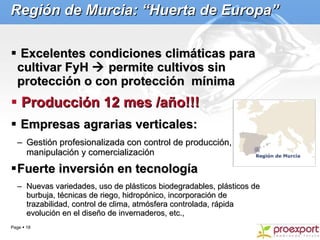 Región de Murcia: “Huerta de Europa” <ul><li>Excelentes condiciones climáticas para cultivar FyH    permite cultivos sin ...