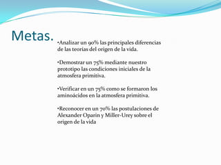 Metas.   •Analizar un 90% las principales diferencias
         de las teorías del origen de la vida.

         •Demostrar un 75% mediante nuestro
         prototipo las condiciones iniciales de la
         atmosfera primitiva.

         •Verificar en un 75% como se formaron los
         aminoácidos en la atmosfera primitiva.

         •Reconocer en un 70% las postulaciones de
         Alexander Oparin y Miller-Urey sobre el
         origen de la vida
 