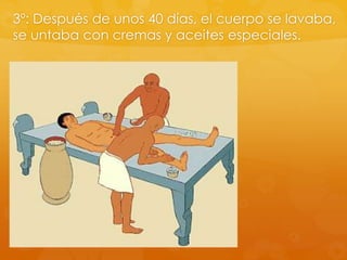 3º: Después de unos 40 días, el cuerpo se lavaba,
se untaba con cremas y aceites especiales.

 