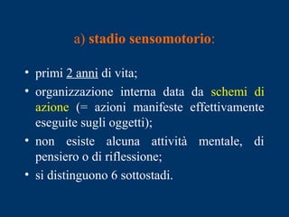a) stadio sensomotorio:
• primi 2 anni di vita;
• organizzazione interna data da schemi di
azione (= azioni manifeste effettivamente
eseguite sugli oggetti);
• non esiste alcuna attività mentale, di
pensiero o di riflessione;
• si distinguono 6 sottostadi.
 