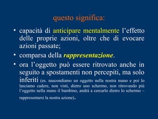 questo significa:
• capacità di anticipare mentalmente l’effetto
delle proprie azioni, oltre che di evocare
azioni passate;
• comparsa della rappresentazione.
• ora l’oggetto può essere ritrovato anche in
seguito a spostamenti non percepiti, ma solo
inferiti (es. nascondiamo un oggetto nella nostra mano e poi lo
lasciamo cadere, non visti, dietro uno schermo, non ritrovando più
l’oggetto nella mano il bambino, andrà a cercarlo dietro lo schermo –
rappresentarsi la nostra azione).
 