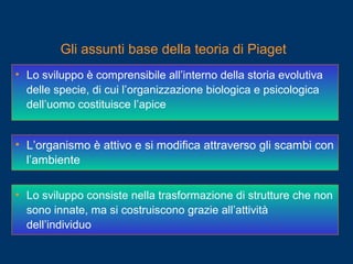 • Lo sviluppo è comprensibile all’interno della storia evolutiva
delle specie, di cui l’organizzazione biologica e psicologica
dell’uomo costituisce l’apice
• L’organismo è attivo e si modifica attraverso gli scambi con
l’ambiente
• Lo sviluppo consiste nella trasformazione di strutture che non
sono innate, ma si costruiscono grazie all’attività
dell’individuo
Gli assunti base della teoria di Piaget
 