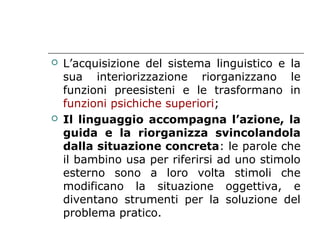 



L’acquisizione del sistema linguistico e la
sua interiorizzazione riorganizzano le
funzioni preesisteni e le trasformano in
funzioni psichiche superiori;
Il linguaggio accompagna l’azione, la
guida e la riorganizza svincolandola
dalla situazione concreta: le parole che
il bambino usa per riferirsi ad uno stimolo
esterno sono a loro volta stimoli che
modificano la situazione oggettiva, e
diventano strumenti per la soluzione del
problema pratico.

 
