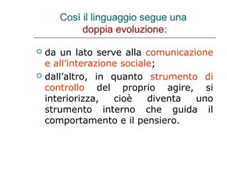 Così il linguaggio segue una
doppia evoluzione:




da un lato serve alla comunicazione
e all’interazione sociale;
dall’altro, in quanto strumento di
controllo del proprio agire, si
interiorizza,
cioè
diventa
uno
strumento interno che guida il
comportamento e il pensiero.

 