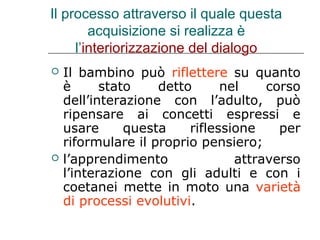 Il processo attraverso il quale questa
acquisizione si realizza è
l’interiorizzazione del dialogo




Il bambino può riflettere su quanto
è
stato
detto
nel
corso
dell’interazione con l’adulto, può
ripensare ai concetti espressi e
usare
questa
riflessione
per
riformulare il proprio pensiero;
l’apprendimento
attraverso
l’interazione con gli adulti e con i
coetanei mette in moto una varietà
di processi evolutivi.

 