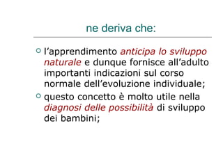 ne deriva che:




l’apprendimento anticipa lo sviluppo
naturale e dunque fornisce all’adulto
importanti indicazioni sul corso
normale dell’evoluzione individuale;
questo concetto è molto utile nella
diagnosi delle possibilità di sviluppo
dei bambini;

 
