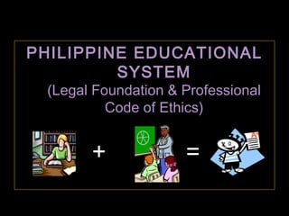PHILIPPINE EDUCATIONAL
SYSTEM
(Legal Foundation & Professional
Code of Ethics)

+

=

 