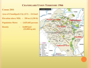 CHANDIGARH UNION TERRITORY 1966
Census 2011
Area of Chandigarh City (UT) - 114 km2
Elevation above MSL - 350 m (1,150 ft)
Population Metro - 1,025,682 persons
Density - 8,400/km2
(22,000/sq mi)
Manimajra
Capitol ComplexPunjab University
City Centre
Industrial Area
 