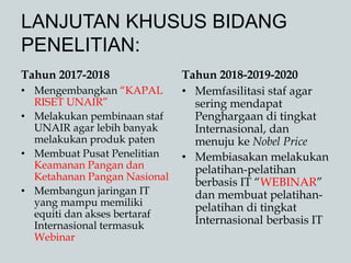 LANJUTAN KHUSUS BIDANG
PENELITIAN:
Tahun 2017-2018
• Mengembangkan “KAPAL
RISET UNAIR”
• Melakukan pembinaan staf
UNAIR agar lebih banyak
melakukan produk paten
• Membuat Pusat Penelitian
Keamanan Pangan dan
Ketahanan Pangan Nasional
• Membangun jaringan IT
yang mampu memiliki
equiti dan akses bertaraf
Internasional termasuk
Webinar
Tahun 2018-2019-2020
• Memfasilitasi staf agar
sering mendapat
Penghargaan di tingkat
Internasional, dan
menuju ke Nobel Price
• Membiasakan melakukan
pelatihan-pelatihan
berbasis IT “WEBINAR”
dan membuat pelatihan-
pelatihan di tingkat
Internasional berbasis IT
 