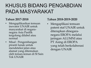 KHUSUS BIDANG PENGABDIAN
PADA MASYARAKAT
Tahun 2017-2018
• Mengaplikasikan temuan
inovator UNAIR untuk
masyarakat di negara-
negara Asia Pasifik
tergolong difabel atau
normal
• Misal : Pengembangan
piranti lunak untuk
mendeteksi jalan atau
alamat yang ditemukan
oleh teman-teman di SI Sain
Tek UNAIR
Tahun 2018-2019-2020
• Mengaplikasi temuan
patent staf UNAIR untuk
diterapkan dinegara-
negara EROPA melalui
jaringan ALUMNI atau
PT Asing di EROPA
yang telah berkolaborasi
dengan UNAIR
 