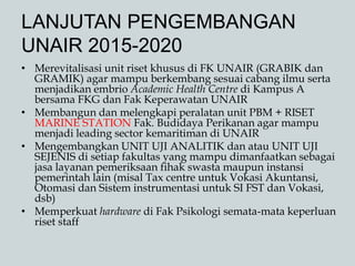 LANJUTAN PENGEMBANGAN
UNAIR 2015-2020
• Merevitalisasi unit riset khusus di FK UNAIR (GRABIK dan
GRAMIK) agar mampu berkembang sesuai cabang ilmu serta
menjadikan embrio Academic Health Centre di Kampus A
bersama FKG dan Fak Keperawatan UNAIR
• Membangun dan melengkapi peralatan unit PBM + RISET
MARINE STATION Fak. Budidaya Perikanan agar mampu
menjadi leading sector kemaritiman di UNAIR
• Mengembangkan UNIT UJI ANALITIK dan atau UNIT UJI
SEJENIS di setiap fakultas yang mampu dimanfaatkan sebagai
jasa layanan pemeriksaan fihak swasta maupun instansi
pemerintah lain (misal Tax centre untuk Vokasi Akuntansi,
Otomasi dan Sistem instrumentasi untuk SI FST dan Vokasi,
dsb)
• Memperkuat hardware di Fak Psikologi semata-mata keperluan
riset staff
 