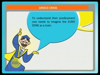 To understand their predicament
one needs to imagine the EURO
ZONE as a train.
GREECE CRISIS
 