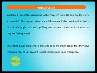 GREECE CRISIS
Suddenly a few of the passengers in the “Greece” bogie fall sick. So, they send
a request to the engine driver, via a telecommunication contraption that is
fitted in the bogie, to speed up. They need to reach their destination fast as
they are feeling unwell.
The engine driver then sends a message to all the other bogies that they have
received a “speed up” request from the Greeks due to an emergency.
 