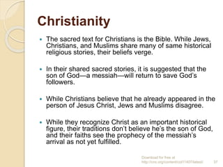 Christianity
 The sacred text for Christians is the Bible. While Jews,
Christians, and Muslims share many of same histori...