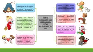 DISEÑO
CURRICULAR PARA
LA EDUCACIÓN
INICIAL
Perfil de salida del
nivel
Se reconoce como un niño
independiente de otra persona,
con nombre y con características
particulares, y que pertenece a
una familia o grupo de referencia.
Identifica sus principales
características y preferencias que
le permiten reconocerse como
un ser único e irrepetible,
contribuyendo al proceso de la
construcción de su identidad y
generando niveles crecientes de
confianza y seguridad en sí
mismo.
Interactúa con empatía y
solidaridad con los otros, con su
entorno natural y social,
practicando normas para la
convivencia armónica y
respetando la diversidad cultural.
Reconoce y aplica nociones
temporo-espaciales y lógico-
matemáticas para solucionar retos
cotidianos acordes a su edad.
Expresa, con un lenguaje
comprensible, pensamientos,
sentimientos, emociones, acciones
y eventos utilizando su lengua
materna y el lenguaje propio de su
cultura y entorno.
Disfruta de las diferentes
manifestaciones artísticas como
medio de expresión de sus
emociones, plasmando sus ideas y
aprendizajes.
Demuestra habilidad motriz gruesa
y fina en la ejecución coordinada
de movimientos y desplazamientos
que permiten facilitar la
estructuración de su imagen
corporal.
 
