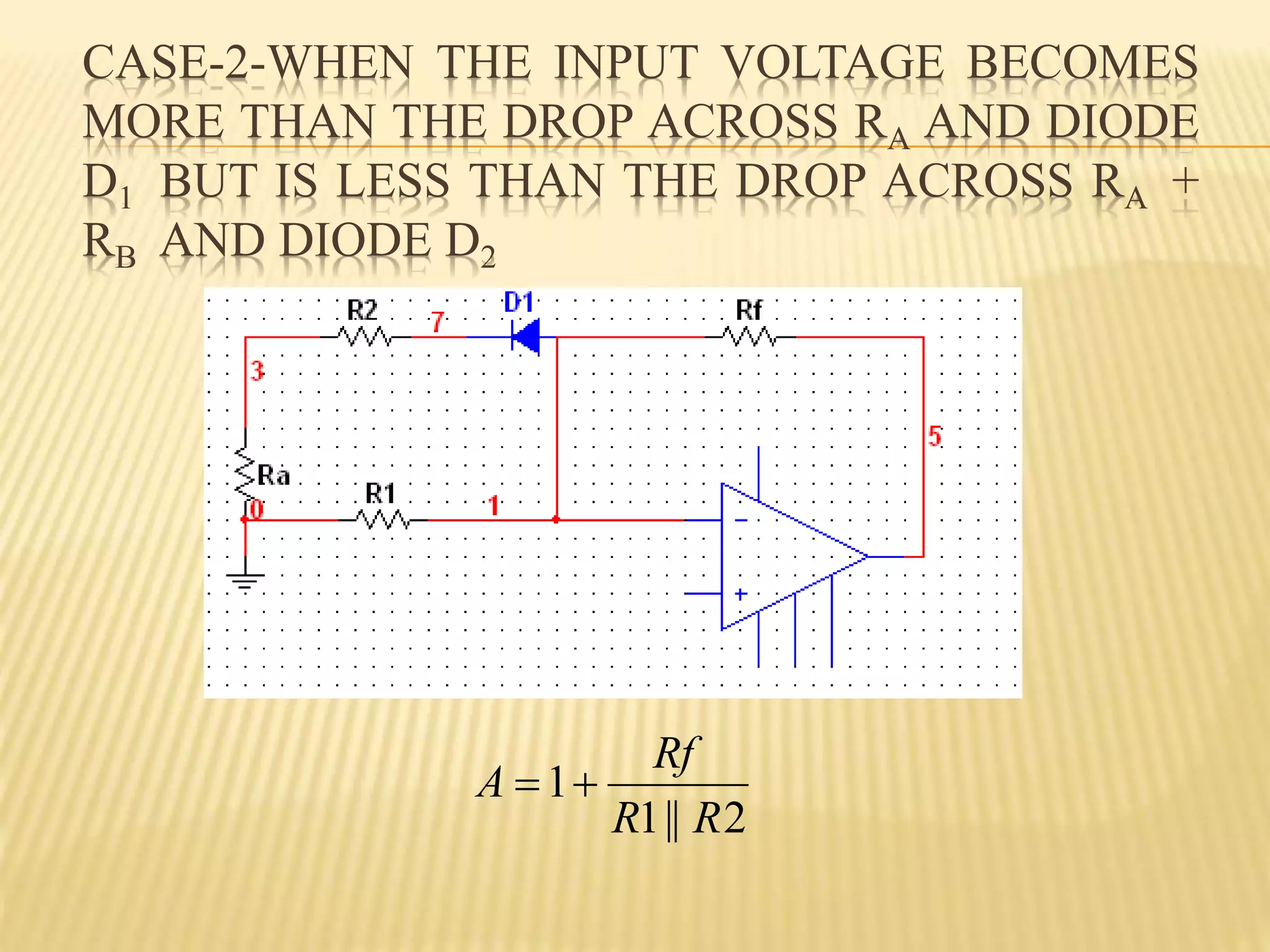 CASE-2-WHEN THE INPUT VOLTAGE BECOMES
MORE THAN THE DROP ACROSS RA AND DIODE
D1 BUT IS LESS THAN THE DROP ACROSS RA +
RB AND DIODE D2
2||1
1
RR
Rf
A 
 
