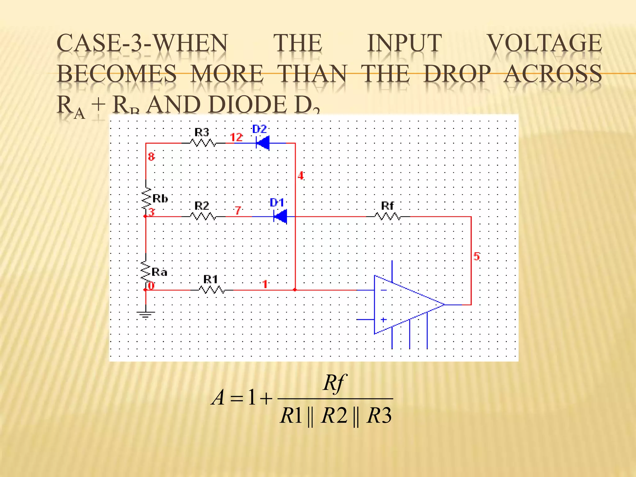 CASE-3-WHEN THE INPUT VOLTAGE
BECOMES MORE THAN THE DROP ACROSS
RA + RB AND DIODE D2
3||2||1
1
RRR
Rf
A 
 