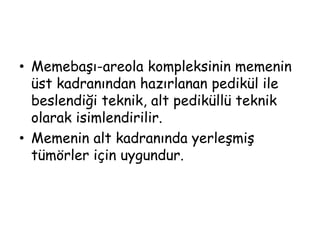 • Memebaşı-areola kompleksinin memenin
üst kadranından hazırlanan pedikül ile
beslendiği teknik, alt pediküllü teknik
olarak isimlendirilir.
• Memenin alt kadranında yerleşmiş
tümörler için uygundur.
 