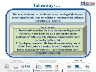 Copyright © 2015 by Prof. Dr. V. CharlesCopyright © 2015 by Prof. Dr. V. Charles
For example:
1. Developed countries: We have the outstanding case of
Facebook, which holds the 12th place in the Brand
ranking; nevertheless, it is listed as efficient under every
technology of interest.
2. Developing countries: We have the outstanding case of
HDFC Bank, which is ranked in the 72nd place in the
Brand ranking; nevertheless, it is efficient under every
technology of interest.
The analysis shows that the brand value ranking of the brands
differs significantly from the efficiency ranking under different
technologies of interest.
Takeaways…
 