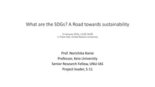 What are the SDGs? A Road towards sustainability
15 January 2016, 13:00-18:00
U Thant Hall, United Nations University
Prof. Norichika Kanie
Professor, Keio University
Senior Research Fellow, UNU-IAS
Project leader, S-11
 