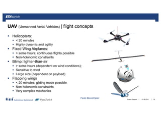 ||
Autonomous Systems Lab
Helicopters:
< 20 minutes
Highly dynamic and agility
Fixed Wing Airplanes:
> some hours; continuous flights possible
Non-holonomic constraints
Blimp: lighter-than-air
> some hours (dependent on wind conditions);
Sensitive to wind
Large size (dependent on payload)
Flapping wings
< 20 minutes; gliding mode possible
Non-holonomic constraints
Very complex mechanics
50
UAV (Unmanned Aerial Vehicles) | flight concepts
21.06.2016Roland Siegwart
Festo BionicOpter
 