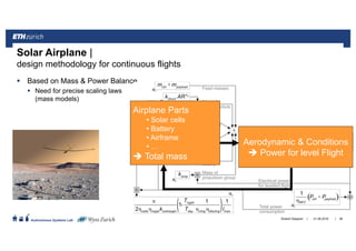 ||
Autonomous Systems Lab
Based on Mass & Power Balance
Need for precise scaling laws
(mass models)
Roland Siegwart 56
Solar Airplane |
design methodology for continuous flights
21.06.2016
Airplane Parts
• Solar cells
• Battery
• Airframe
• …
Total mass
Aerodynamic & Conditions
Power for level Flight
 