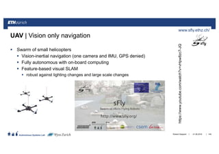 ||
Autonomous Systems Lab
Swarm of small helicopters
Vision-inertial navigation (one camera and IMU, GPS denied)
Fully autonomous with on-board computing
Feature-based visual SLAM
robust against lighting changes and large scale changes
149
UAV | Vision only navigation
Proto 1
Proto 2
Proto 3
www.sfly.ethz.ch/
21.06.2016Roland Siegwart
https://www.youtube.com/watch?v=vHpw8zc7-JQ
 