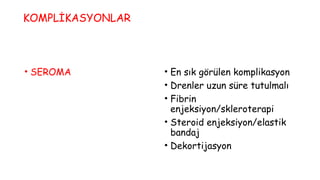 KOMPLİKASYONLAR
• SEROMA • En sık görülen komplikasyon
• Drenler uzun süre tutulmalı
• Fibrin
enjeksiyon/skleroterapi
• Steroid enjeksiyon/elastik
bandaj
• Dekortijasyon
 