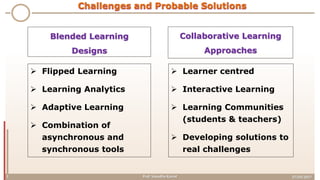 27/03/2017Prof. Vasudha Kamat3
Blended Learning
Designs
Collaborative Learning
Approaches
 Flipped Learning
 Learning Analytics
 Adaptive Learning
 Combination of
asynchronous and
synchronous tools
 Learner centred
 Interactive Learning
 Learning Communities
(students & teachers)
 Developing solutions to
real challenges
Challenges and Probable Solutions
 