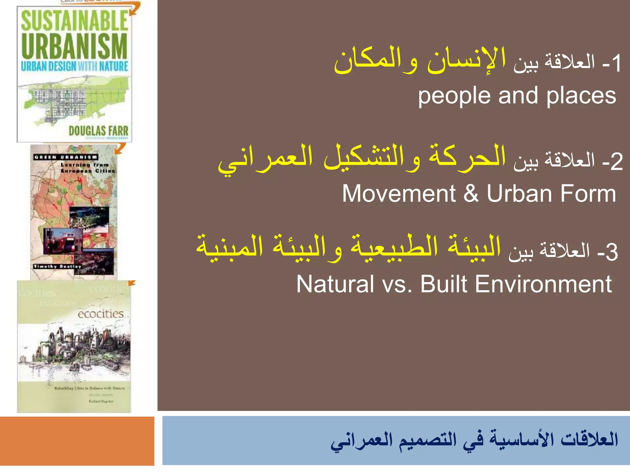 ‫العمراني‬ ‫التصميم‬ ‫في‬ ‫األساسية‬ ‫العالقات‬
1-‫بين‬ ‫العالقة‬‫والمكان‬ ‫اإلنسان‬
people and places
2-‫العالقة‬‫بين‬‫العمراني‬ ‫والتشكيل‬ ‫الحركة‬
Movement & Urban Form
3-‫العالقة‬‫بين‬‫المبنية‬ ‫والبيئة‬ ‫الطبيعية‬ ‫البيئة‬
Natural vs. Built Environment
 