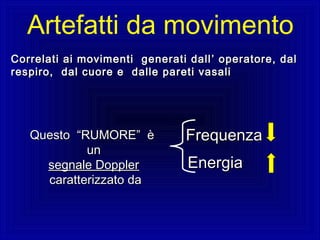 Correlati ai movimenti generati dallCorrelati ai movimenti generati dall ’ operatore, dal’ operatore, dal
respiro, dal cuore e dalle pareti vasalirespiro, dal cuore e dalle pareti vasali
QuestoQuesto “RUMORE” è“RUMORE” è
unun
segnale Dopplersegnale Doppler
caratterizzato dacaratterizzato da
FrequenzaFrequenza
EnergiaEnergia
Artefatti da movimento
 
