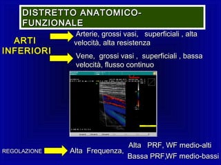 Arterie, grossi vasi, superficiali , altaArterie, grossi vasi, superficiali , alta
velocità, alta resistenzavelocità, alta resistenza
Vene, grossi vasi , superficiali , bassaVene, grossi vasi , superficiali , bassa
velocità, flusso continuovelocità, flusso continuo
ARTIARTI
INFERIORIINFERIORI
REGOLAZIONEREGOLAZIONE Alta Frequenza,Alta Frequenza,
Alta PRF,Alta PRF,
Bassa PRF,Bassa PRF,
WF medio-altiWF medio-alti
WF medio-bassiWF medio-bassi
DISTRETTO ANATOMICO-DISTRETTO ANATOMICO-
FUNZIONALEFUNZIONALE
 