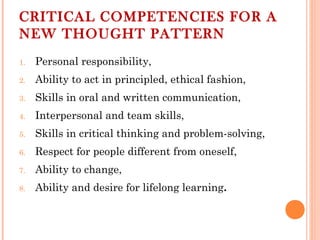 CRITICAL COMPETENCIES FOR A
NEW THOUGHT PATTERN
1. Personal responsibility,
2. Ability to act in principled, ethical fashion,
3. Skills in oral and written communication,
4. Interpersonal and team skills,
5. Skills in critical thinking and problem-solving,
6. Respect for people different from oneself,
7. Ability to change,
8. Ability and desire for lifelong learning.
 