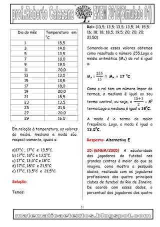 21
Dia do mês Temperatura em
0
C
1 15,5
3 14,0
5 13,5
7 18,0
9 19,5
11 20,0
13 13,5
15 13,5
17 18,0
19 20,0
21 18,5
23 13,5
25 21,5
27 20,0
29 16,0
Em relação à temperatura, os valores
da média, mediana e moda são,
respectivamente, iguais a:
a)17°C , 17°C e 13,5°C.
b) 17°C, 18°C e 13,5°C.
c) 17°C, 13,5°C e 18°C.
d) 17°C, 18°C e 21,5°C.
e) 17°C, 13,5°C e 21,5°C.
Solução:
Temos:
Rol= (13,5; 13,5; 13,5; 13,5; 14; 15,5;
16; 18; 18; 18,5; 19,5; 20; 20; 20;
21,50)
Somando-se esses valores obtemos
como resultado o número 255.Logo a
média aritmética (MA) do rol é igual
a:
MA =
255
15
∴ MA = 17 0
C
Como o rol tem um número ímpar de
termos, a mediana é igual ao seu
termo central, ou seja, o
15+1
2
= 80
termo.Logo a mediana é igual a 180
C.
A moda é o termo de maior
frequência. Logo, a moda é igual a
13,50
C.
Resposta: Alternativa E
25●(ENEM/2005) A escolaridade
dos jogadores de futebol nos
grandes centros é maior do que se
imagina, como mostra a pesquisa
abaixo, realizada com os jogadores
profissionais dos quatro principais
clubes de futebol do Rio de Janeiro.
De acordo com esses dados, o
percentual dos jogadores dos quatro
 