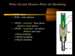 Water Jet and Abrasive Water Jet Machining
• WJM - Pure
• WJM - with stabilizer
• AWJM – entrained – three phase –
abrasive, water and air
• AWJM – suspended – two phase –
abrasive and water
o Direct pumping
o Indirect pumping
o Bypass pumping
 