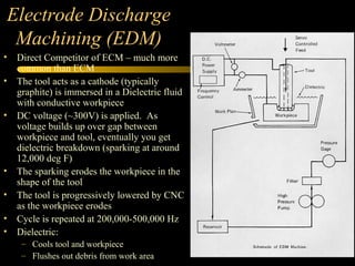 Electrode Discharge
Machining (EDM)
• Direct Competitor of ECM – much more
common than ECM
• The tool acts as a cathode (typically
graphite) is immersed in a Dielectric fluid
with conductive workpiece
• DC voltage (~300V) is applied. As
voltage builds up over gap between
workpiece and tool, eventually you get
dielectric breakdown (sparking at around
12,000 deg F)
• The sparking erodes the workpiece in the
shape of the tool
• The tool is progressively lowered by CNC
as the workpiece erodes
• Cycle is repeated at 200,000-500,000 Hz
• Dielectric:
– Cools tool and workpiece
– Flushes out debris from work area
 