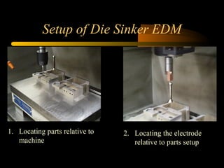 Setup of Die Sinker EDM
1. Locating parts relative to
machine
2. Locating the electrode
relative to parts setup
 