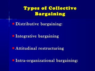 Types of CollectiveTypes of Collective
BargainingBargaining
Distributive bargaining:Distributive bargaining:
Integrative bargainingIntegrative bargaining
Attitudinal restructuringAttitudinal restructuring
Intra-organizational bargaining:Intra-organizational bargaining:
 