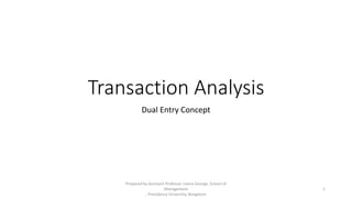 Transaction Analysis
Dual Entry Concept
Prepared by Assistant Professor Leena George, School of
Management
, Presidency University, Bangalore
1
 