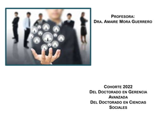 COHORTE 2022
DEL DOCTORADO EN GERENCIA
AVANZADA
DEL DOCTORADO EN CIENCIAS
SOCIALES
PROFESORA:
DRA. AMAIRE MORA GUERRERO
 