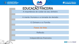 EDUCAÇÃO FINCEIRA
Fases da Vida
O Dinheiro e a Família
Reflexão
A mente Humana e a tomada de decisão
A importância de cuidar do seu dinheiro
Independência financeira
 