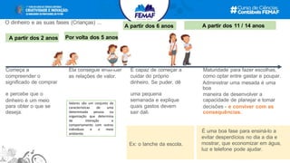 Começa a Ela consegue entender É capaz de começar a Maturidade para fazer escolhas,
compreender o as relações de valor. cuidar do próprio como optar entre gastar e poupar.
significado de comprar dinheiro. Se puder, dê Administrar uma mesada é uma
boa
e percebe que o uma pequena maneira de desenvolver a
dinheiro é um meio semanada e explique capacidade de planejar e tomar
para obter o que se quais gastos devem decisões - e conviver com as
deseja. sair dali. consequências.
É uma boa fase para ensiná-lo a
evitar desperdícios no dia a dia e
mostrar, que economizar em água,
luz e telefone pode ajudar.
Ex: o lanche da escola.
A partir dos 11 / 14 anos
O dinheiro e as suas fases (Crianças) ...
Por volta dos 5 anos
A partir dos 6 anos
A partir dos 2 anos
Valores são um conjunto de
características de uma
determinada pessoa ou
organização que determina
de interação e
comportamento com outros
indivíduos e o meio
ambiente.
 
