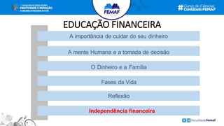 EDUCAÇÃO FINANCEIRA
Fases da Vida
O Dinheiro e a Família
Reflexão
A mente Humana e a tomada de decisão
A importância de cuidar do seu dinheiro
Independência financeira
 